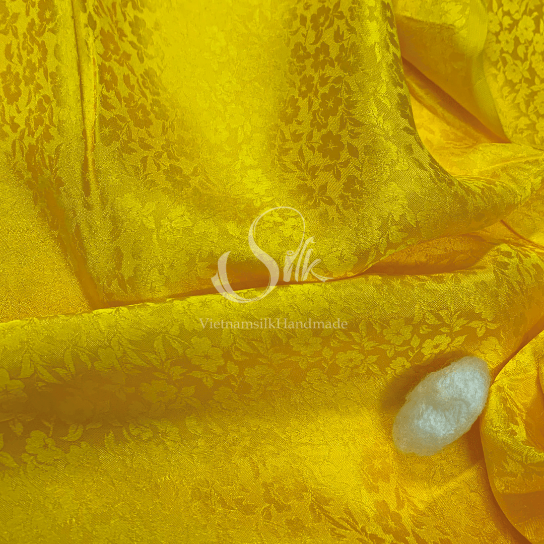 Premium Silk Fabric - Yellow Floral Silk - HIGH-GRADE - 100% Mulberry Silk fabric by the yard - Luxury silk - Natural silk - Organic Silk - Handmade in Vietnam