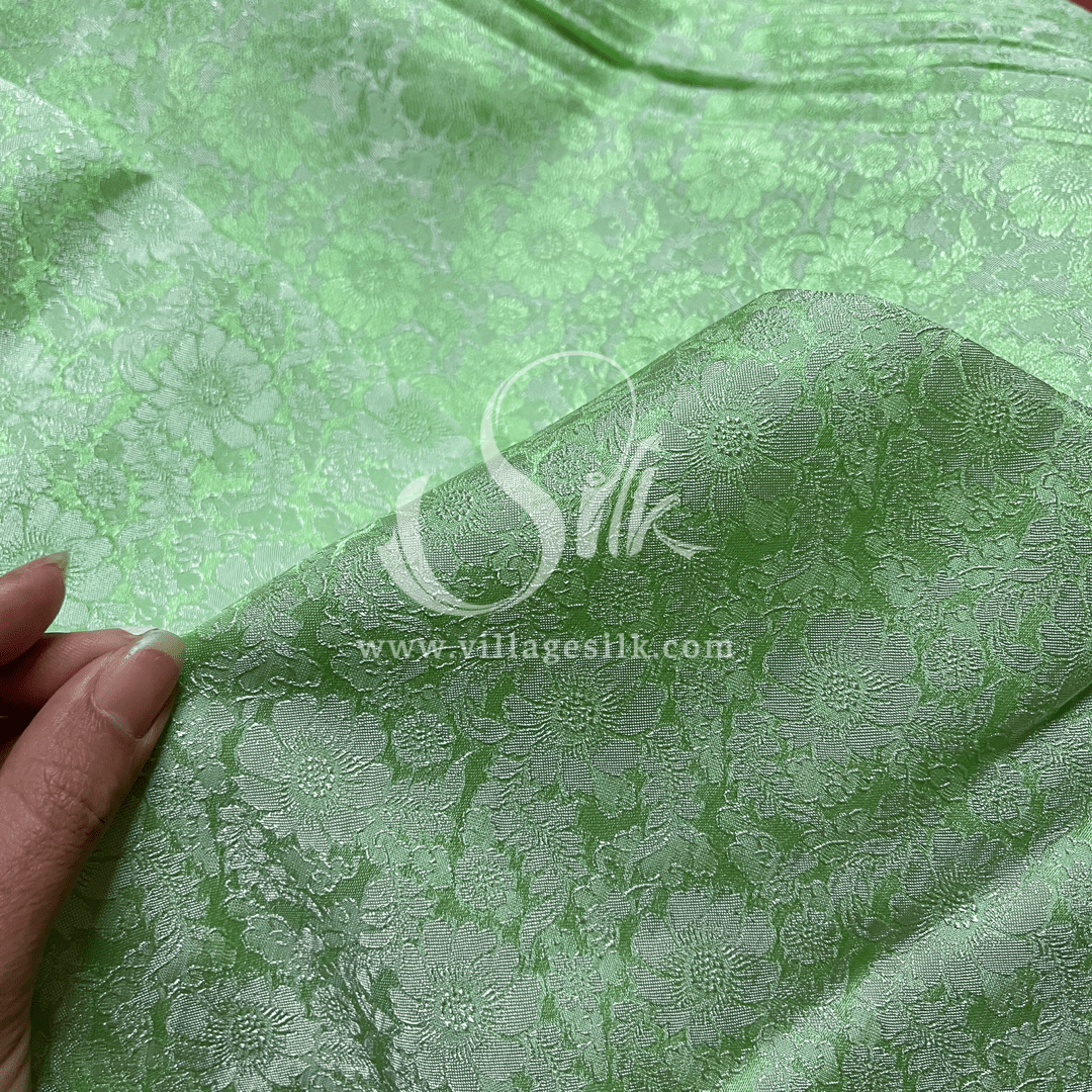 Green Mint Silk with Daisy Flowers - PURE MULBERRY SILK fabric by the yard - Floral Silk -Luxury Silk - Natural silk
