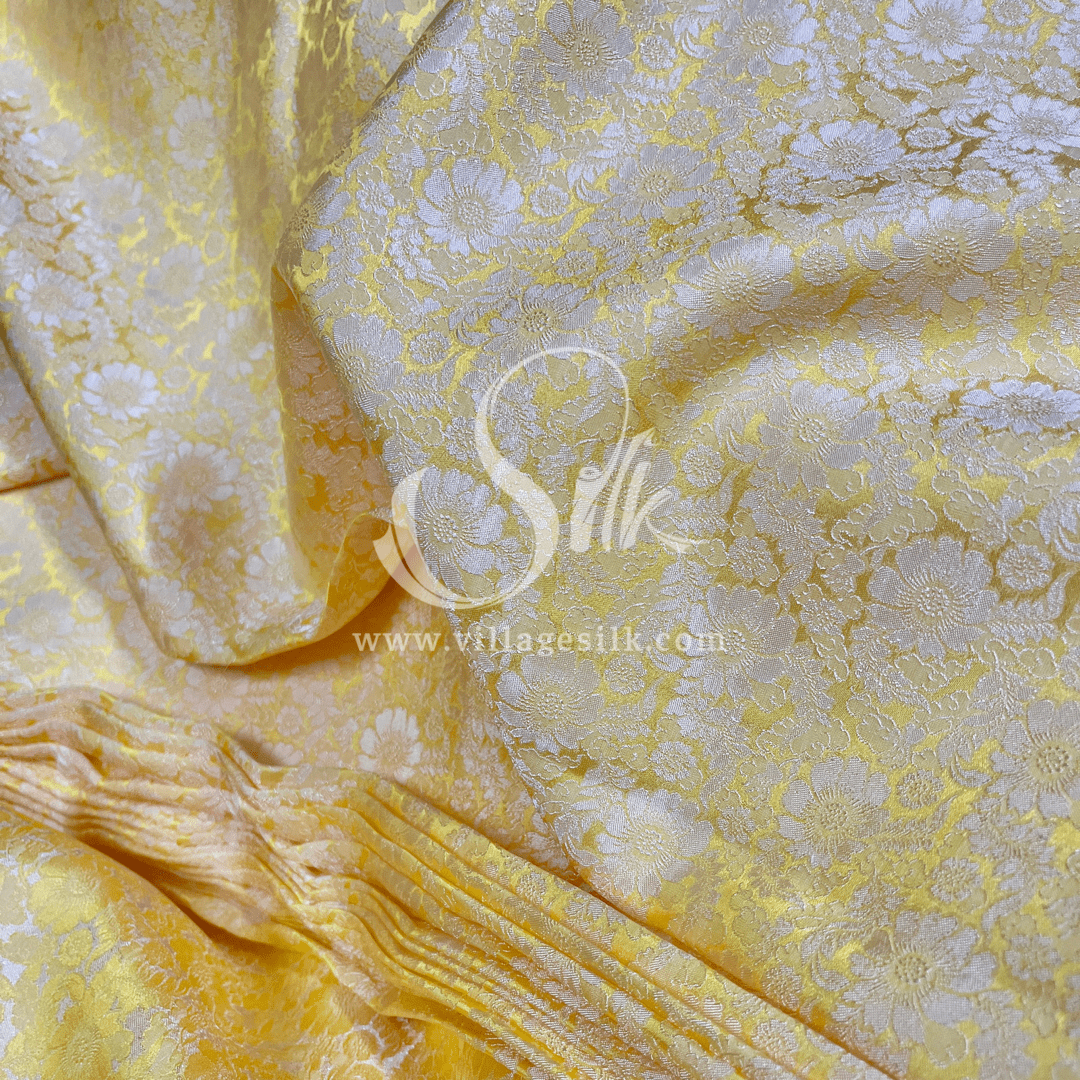 Yellow Silk with Daisy Flowers - PURE MULBERRY SILK fabric by the yard - Floral Silk -Luxury Silk - Natural silk