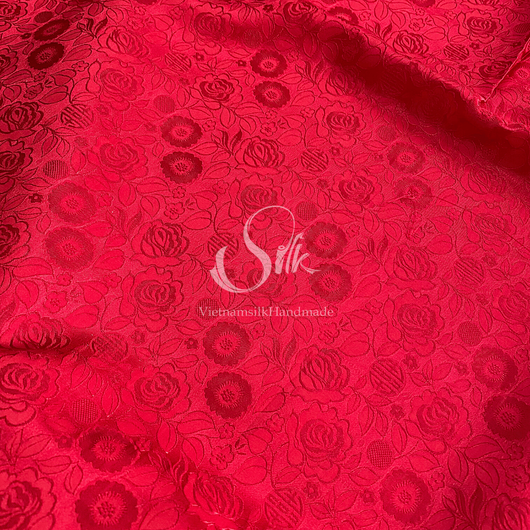 Red Silk with Rose Flowers - Rose Pattern - PURE MULBERRY SILK fabric by the yard - Floral Silk - Rose Silk -Luxury Silk - Natural silk - Handmade in VietNam- Silk with Design