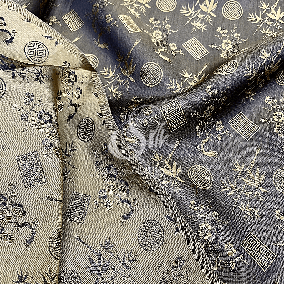 Gold Brown Silk with Traditional patterns - PURE MULBERRY SILK fabric by the yard - Floral Silk -Luxury Silk - Natural silk - Handmade in VietNam- Silk with Design