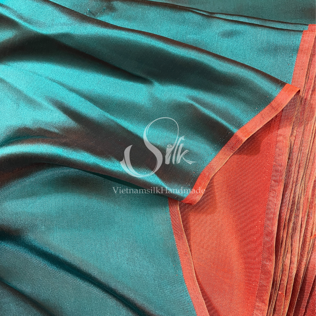 Green Orange Plain silk - PURE MULBERRY SILK fabric by the yard - Luxury silk fabric - Natural silk - Handmade in VietNam - Double-sided silk