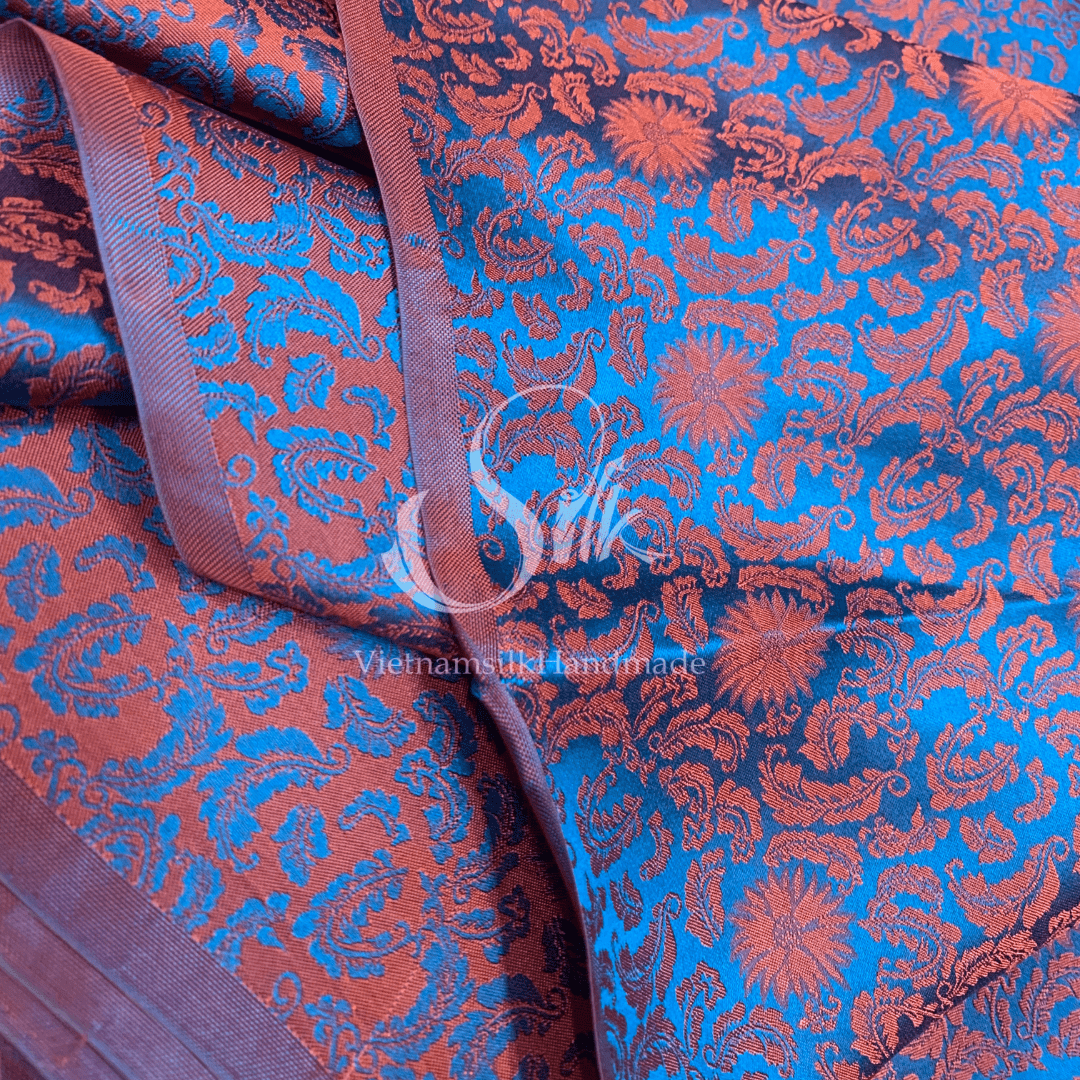 Blue Silk with Orange Flowers - PURE MULBERRY SILK fabric by the yard -  Floral Silk -Luxury Silk - Natural silk - Handmade in VietNam