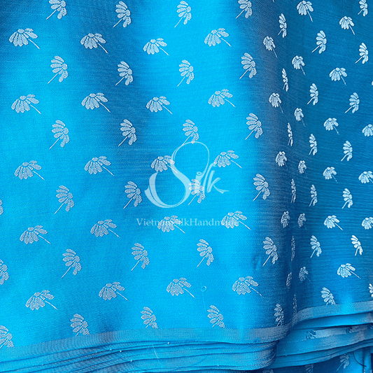 Blue Silk with Dandelion Flowers - PURE MULBERRY SILK fabric by the yard -  Floral Silk -Luxury Silk - Natural silk - Handmade in VietNam