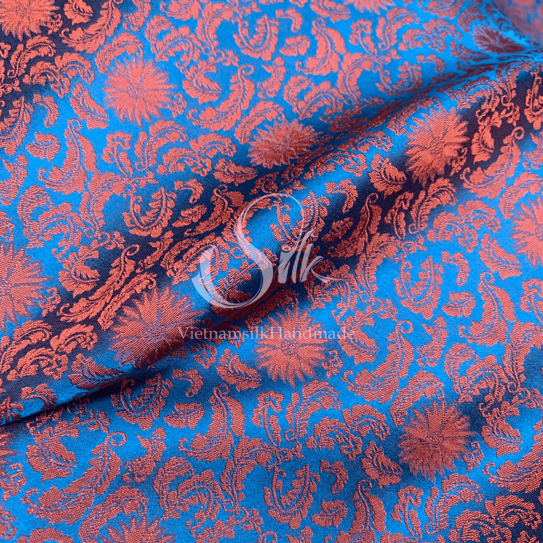 Blue Silk with Orange Flowers - PURE MULBERRY SILK fabric by the yard -  Floral Silk -Luxury Silk - Natural silk - Handmade in VietNam