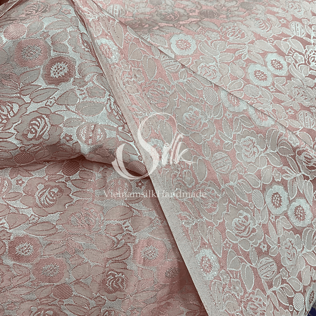 Baby Pink Silk with Flowers - PURE MULBERRY SILK fabric by the yard - Natural silk - Handmade in VietNa