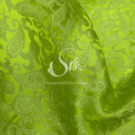 Chartreuse green Silk - PURE MULBERRY SILK fabric by the yard -  Floral Silk - Paisley design Silk -Luxury Silk - Natural silk - Handmade in VietNam