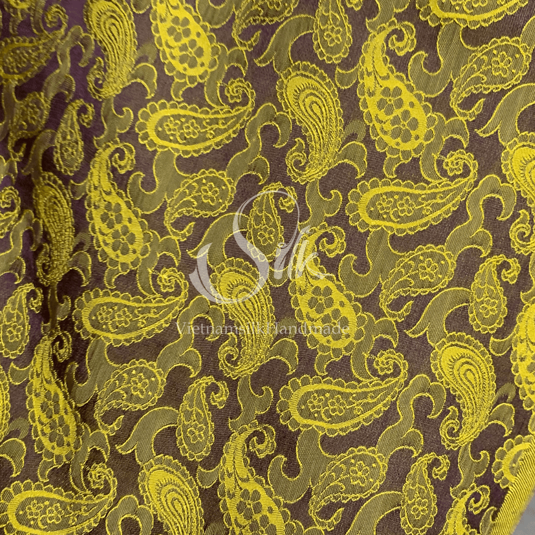 Brown silk with Yellow Paisley design - PURE MULBERRY SILK fabric by the yard - Luxury Silk - Natural silk - Handmade in VietNam- Silk with Design