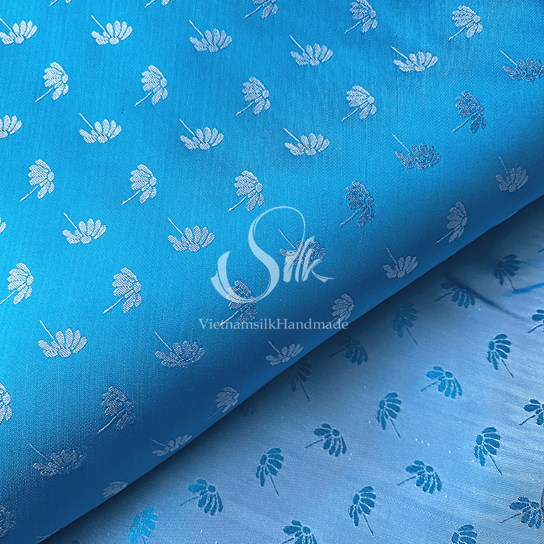 Blue Silk with Dandelion Flowers - PURE MULBERRY SILK fabric by the yard -  Floral Silk -Luxury Silk - Natural silk - Handmade in VietNam