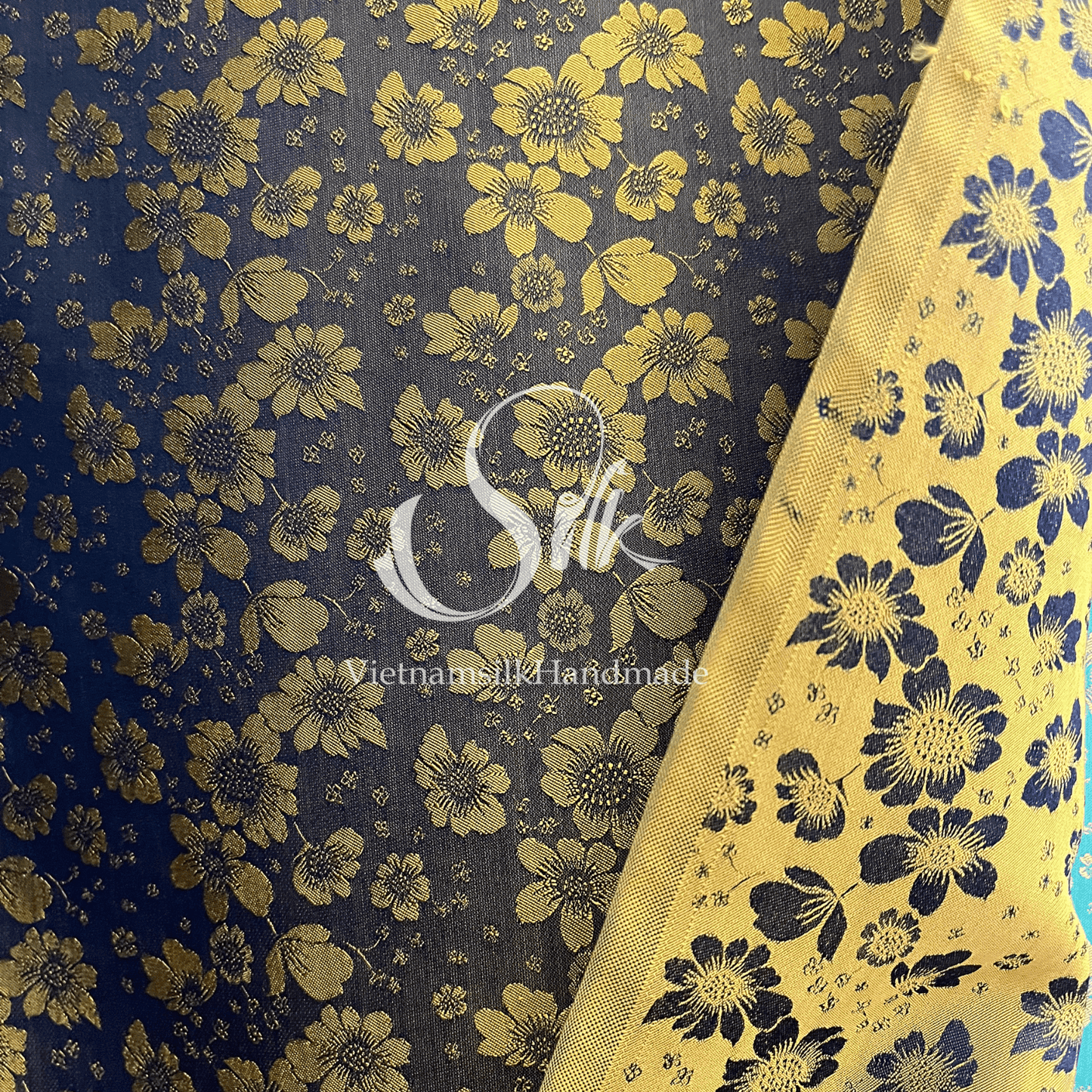 Black Navy Silk with Yellow Flowers - PURE MULBERRY SILK fabric by the yard -  Floral Silk -Luxury Silk - Natural silk - Handmade in VietNam