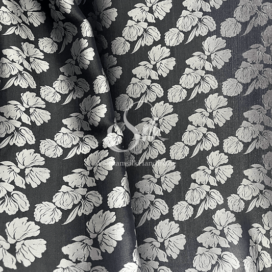 Black Silk with Big Silver Flowers - PURE MULBERRY SILK fabric by the yard -  Floral Silk -Luxury Silk - Natural silk - Handmade in VietNam- Silk with Design