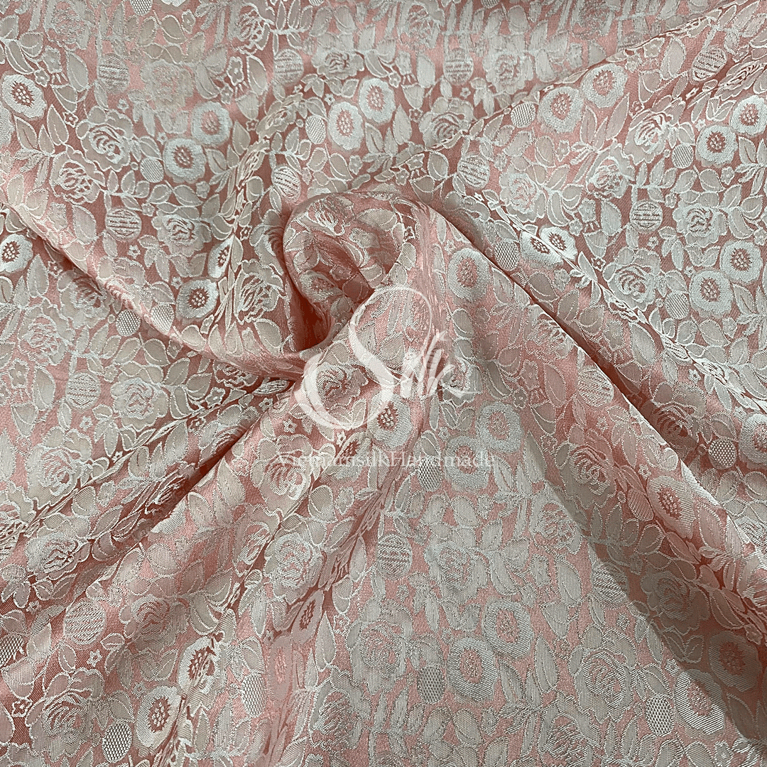 Baby Pink Silk with Flowers - PURE MULBERRY SILK fabric by the yard - Natural silk - Handmade in VietNa