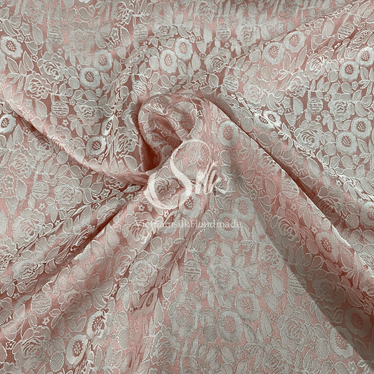 Baby Pink Silk with Flowers - PURE MULBERRY SILK fabric by the yard - Natural silk - Handmade in VietNa