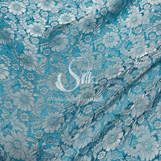 Blue Silk with Daisy Flowers -PURE MULBERRY SILK fabric by the yard -  Floral Silk -Luxury Silk - Natural silk - Handmade in VietNam- Silk with Design