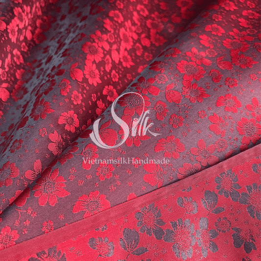 Black Silk with Red Flowers - PURE MULBERRY SILK fabric by the yard -  Floral Silk -Luxury Silk - Natural silk - Handmade in VietNam- Silk with Design