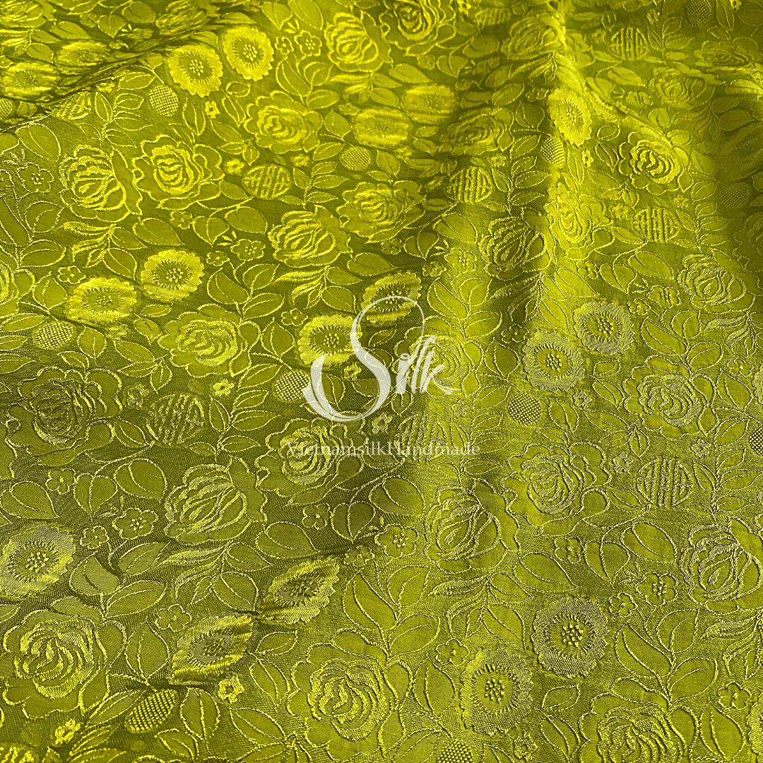 Chartreuse Silk with Rose Flowers - Rose Pattern - PURE MULBERRY SILK fabric by the yard -  Floral Silk - Rose Silk -Luxury Silk - Natural silk - Handmade in VietNam- Silk with Design