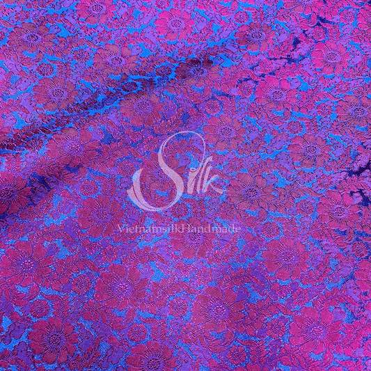 Blue Silk with Daisy Patterns - PURE MULBERRY SILK fabric by the yard -  Floral Silk -Luxury Silk - Natural silk - Handmade in VietNam