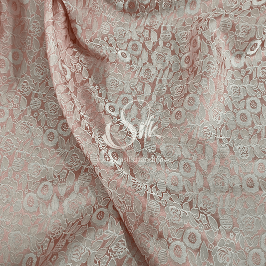 Baby Pink Silk with Flowers - PURE MULBERRY SILK fabric by the yard - Natural silk - Handmade in VietNa