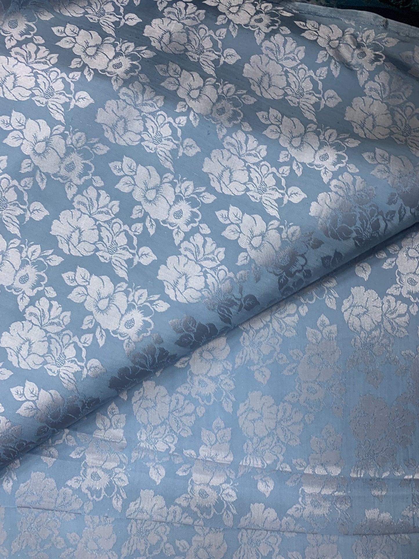 Baby Blue Silk with Flowers - PURE MULBERRY SILK fabric by the yard -  Floral Silk -Luxury Silk - Natural silk - Handmade in VietNam- Silk with Design