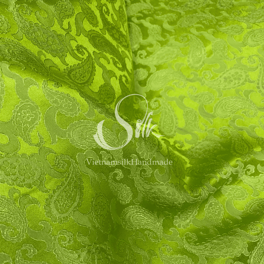 Chartreuse green Silk - PURE MULBERRY SILK fabric by the yard -  Floral Silk - Paisley design Silk -Luxury Silk - Natural silk - Handmade in VietNam