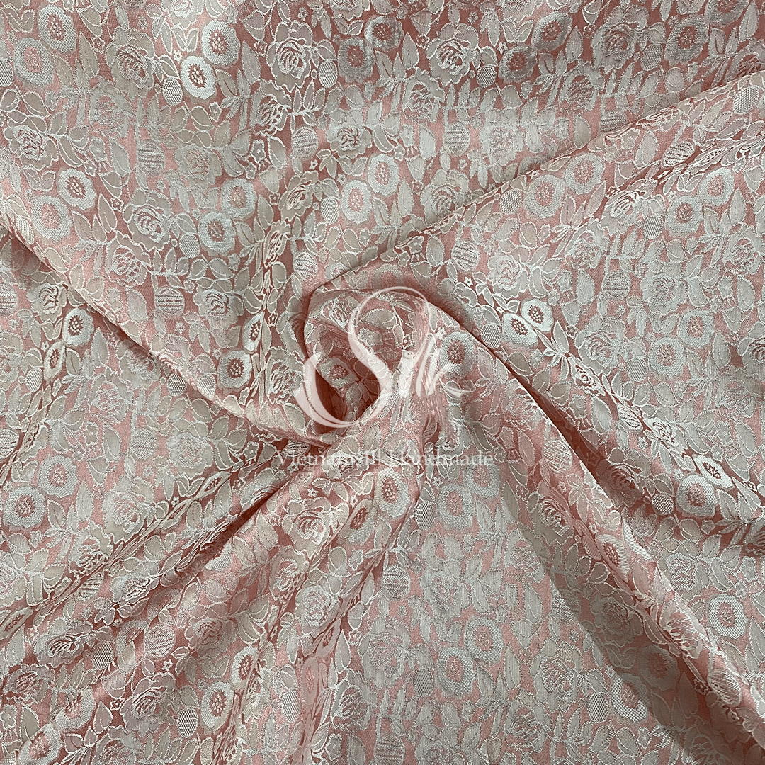 Baby Pink Silk with Flowers - PURE MULBERRY SILK fabric by the yard - Natural silk - Handmade in VietNa