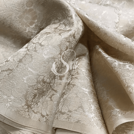 Beige Silk with Daisy Flowers - PURE MULBERRY SILK fabric by the yard -  Floral Silk -Luxury Silk - Natural silk