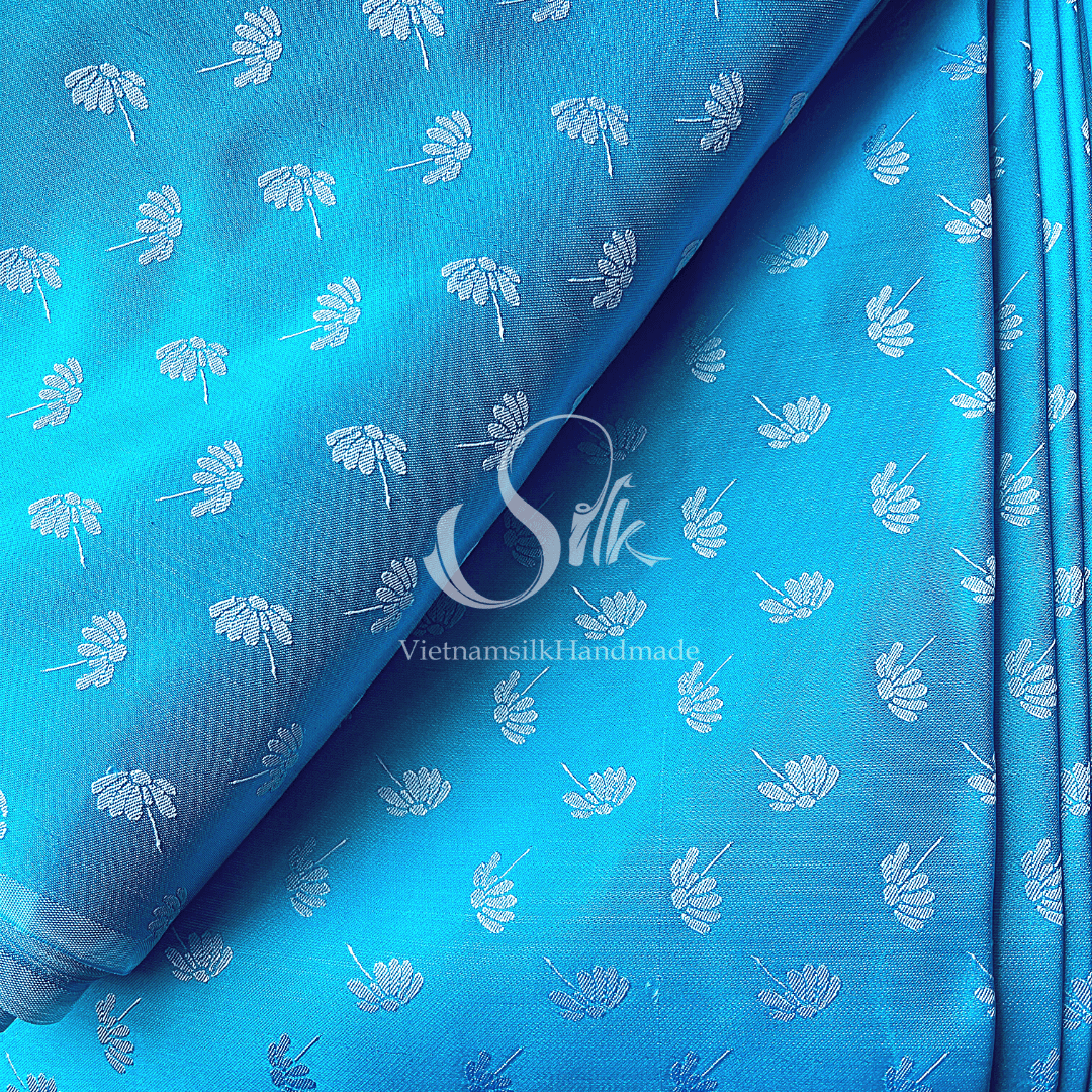 Blue Silk with Dandelion Flowers - PURE MULBERRY SILK fabric by the yard -  Floral Silk -Luxury Silk - Natural silk - Handmade in VietNam