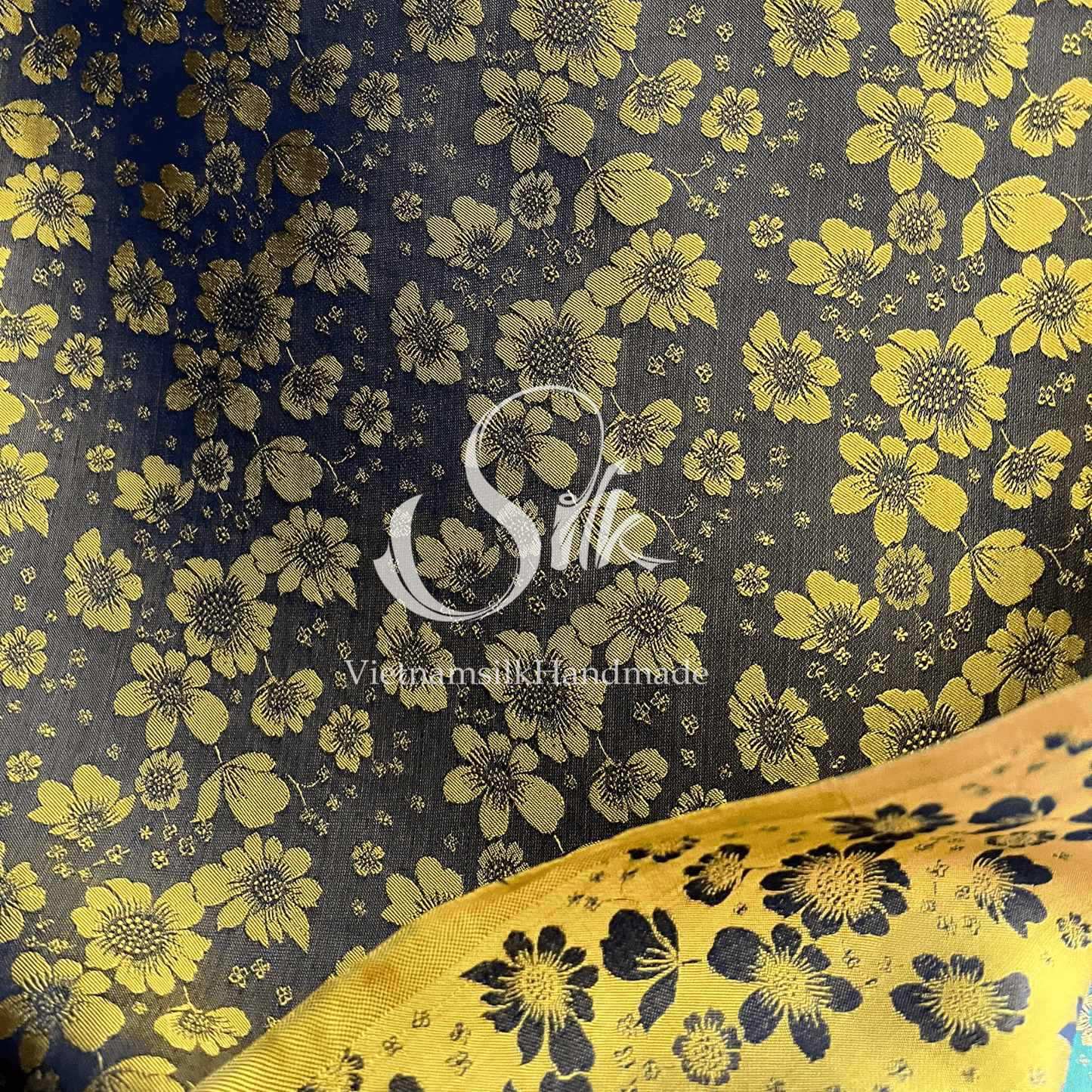 Black Navy Silk with Yellow Flowers - PURE MULBERRY SILK fabric by the yard -  Floral Silk -Luxury Silk - Natural silk - Handmade in VietNam