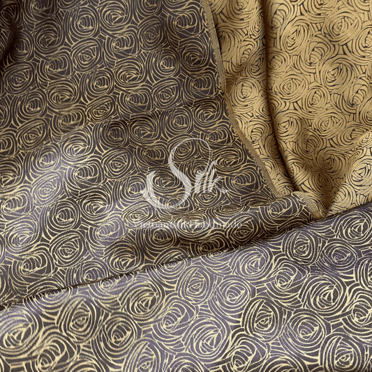 Bronze Brown Silk with Cabbage Flowers -PURE MULBERRY SILK fabric by the yard -  Floral Silk -Luxury Silk - Natural silk - Handmade in VietNam