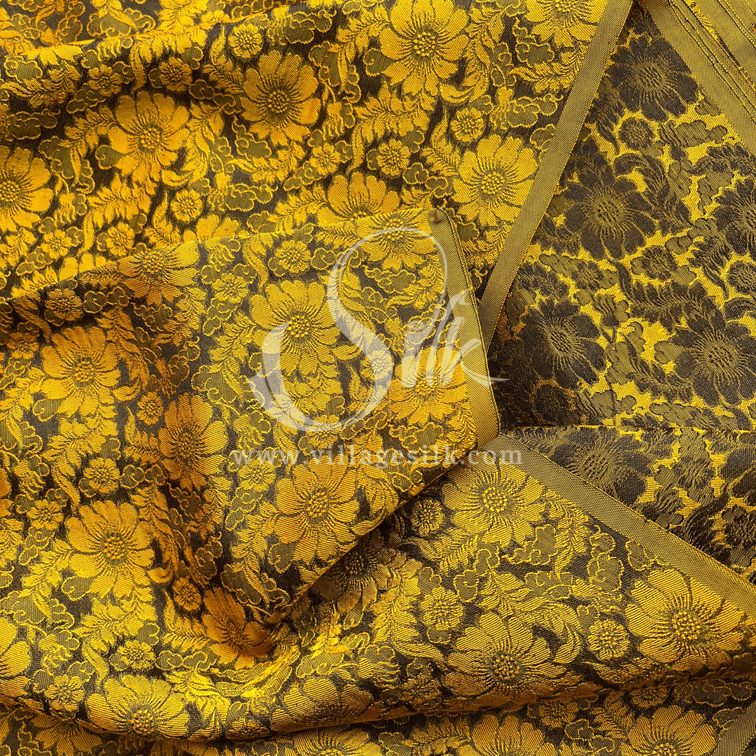 Black Silk with Yellow Daisy Flowers - PURE MULBERRY SILK fabric by the yard -  Floral Silk -Luxury Silk - Natural silk