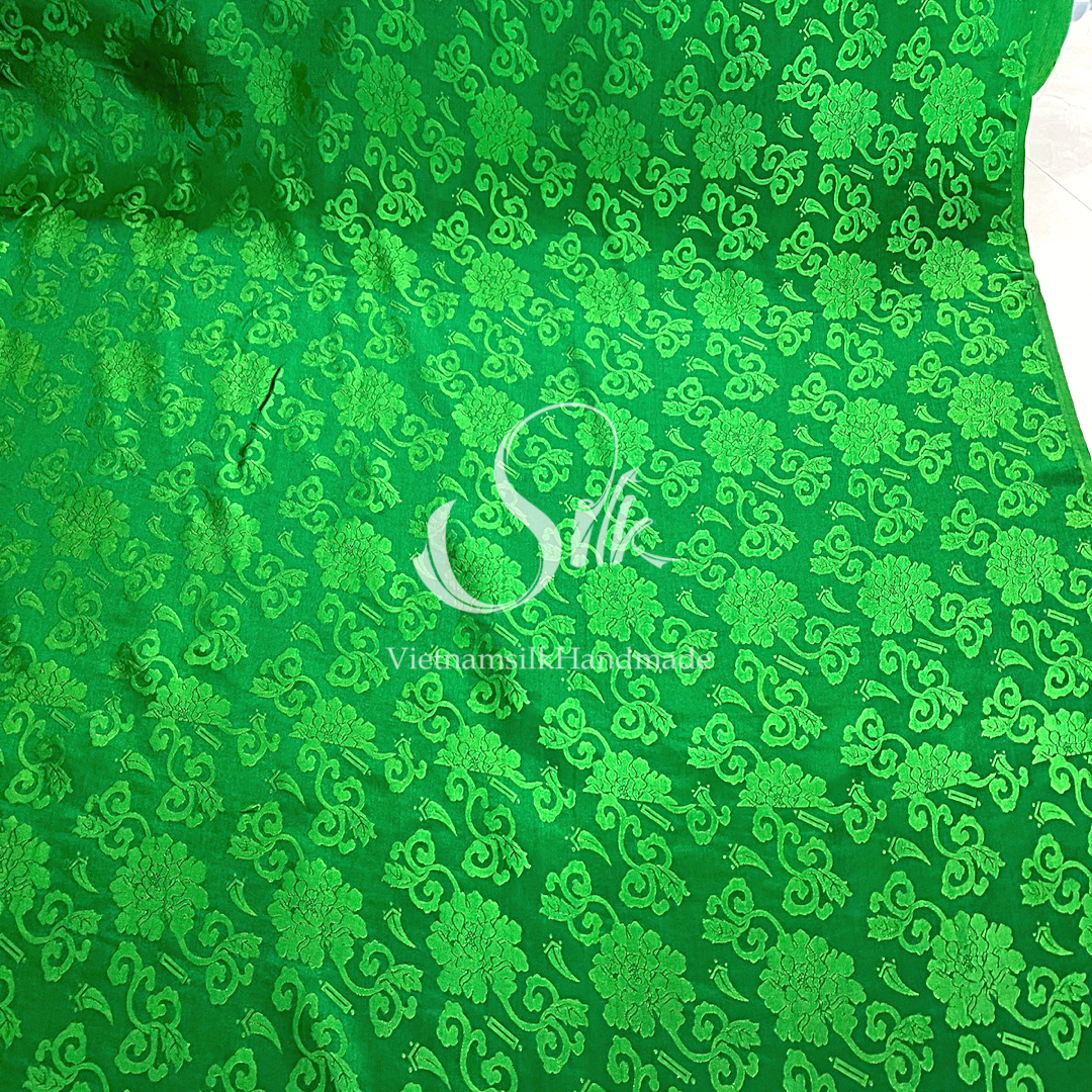 Green Silk with Flowers - PURE MULBERRY SILK fabric by the yard -  Floral Silk -Luxury Silk - Natural silk - Handmade in VietNam- Silk with Design