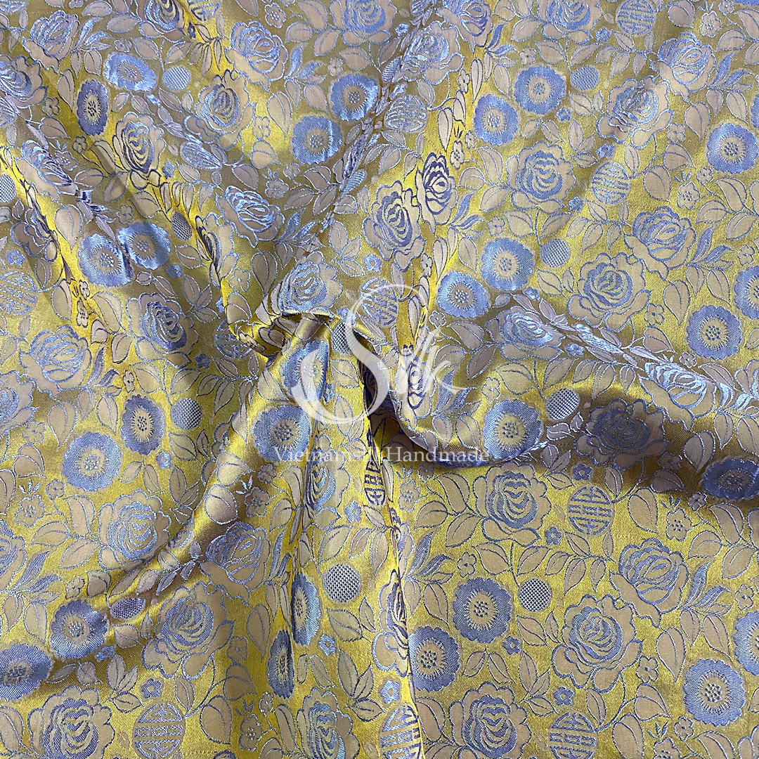Golden Silk with Grey Flowers - PURE MULBERRY SILK fabric by the yard