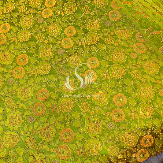 Chartreuse Silk with Yellow Rose Flowers- PURE MULBERRY SILK fabric by the yard -  Floral Silk -Luxury Silk - Natural silk - Handmade in VietNam