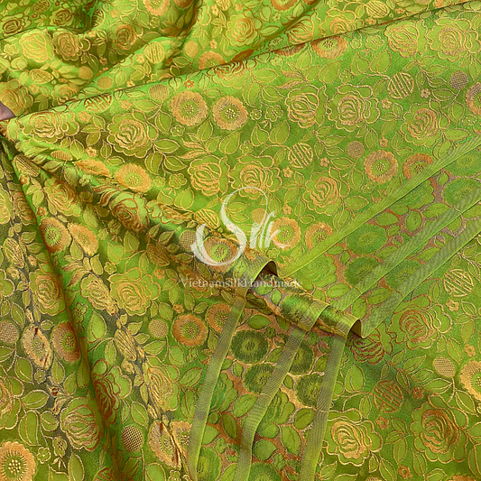 Chartreuse Silk with Yellow Rose Flowers- PURE MULBERRY SILK fabric by the yard -  Floral Silk -Luxury Silk - Natural silk - Handmade in VietNam