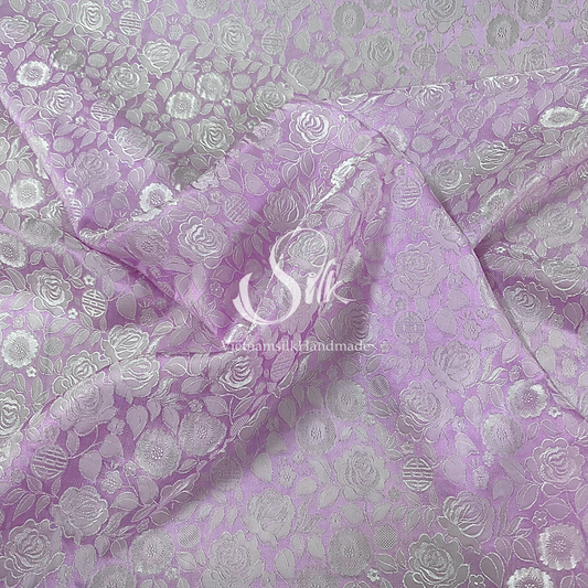 Lavender Silk with Rose Flowers - Rose Pattern - PURE MULBERRY SILK fabric by the yard -  Floral Silk - Rose Silk -Luxury Silk - Natural silk - Handmade in VietNam- Silk with Design