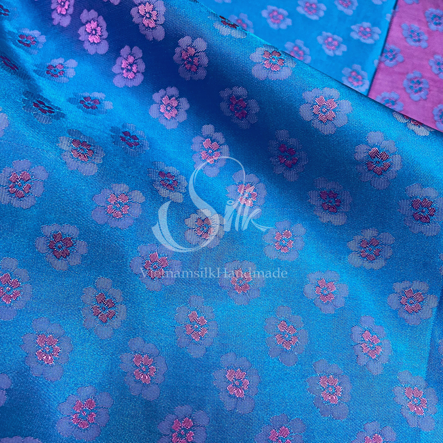 Peach flowers Pattern - Blue Silk with Pink Flowers - PURE MULBERRY SILK fabric by the yard -  Floral Silk -Luxury Silk - Natural silk - Handmade in VietNam