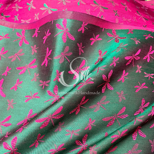 Green silk with Pink Dragonfly patterns - PURE MULBERRY SILK fabric by the yard - Dragonfly silk -Luxury Silk - Natural silk - Handmade in VietNam