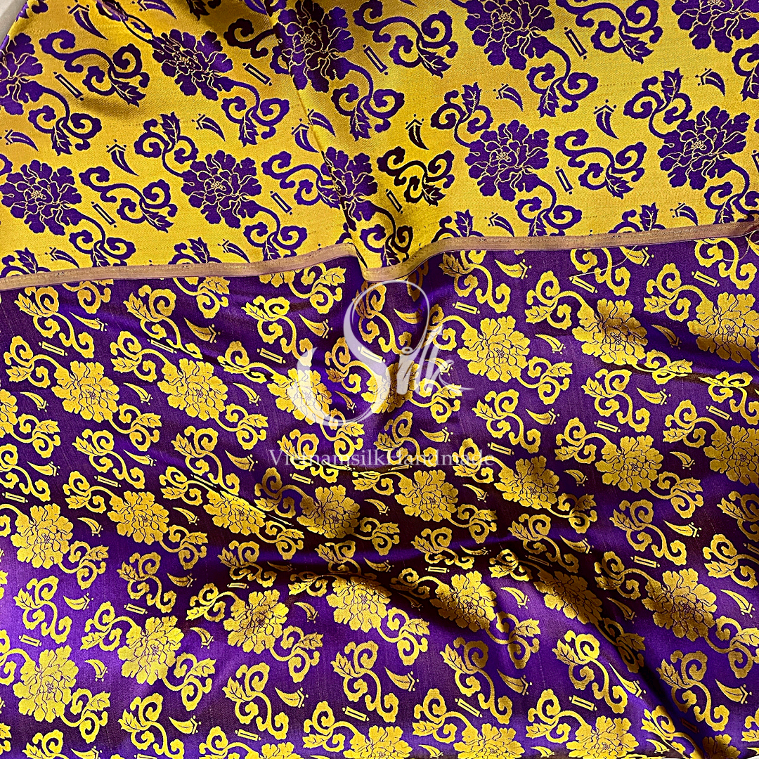 Purple Silk with Yellow Flowers - PURE MULBERRY SILK fabric by the yard -  Floral Silk -Luxury Silk - Natural silk - Handmade in VietNam- Silk with Design