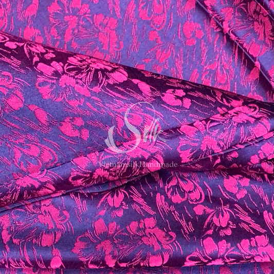 Black Silk with Pink Flowers -Raining Design - PURE MULBERRY SILK fabric by the yard -  Floral Silk -Luxury Silk - Natural silk - Handmade in VietNam- Silk with Design