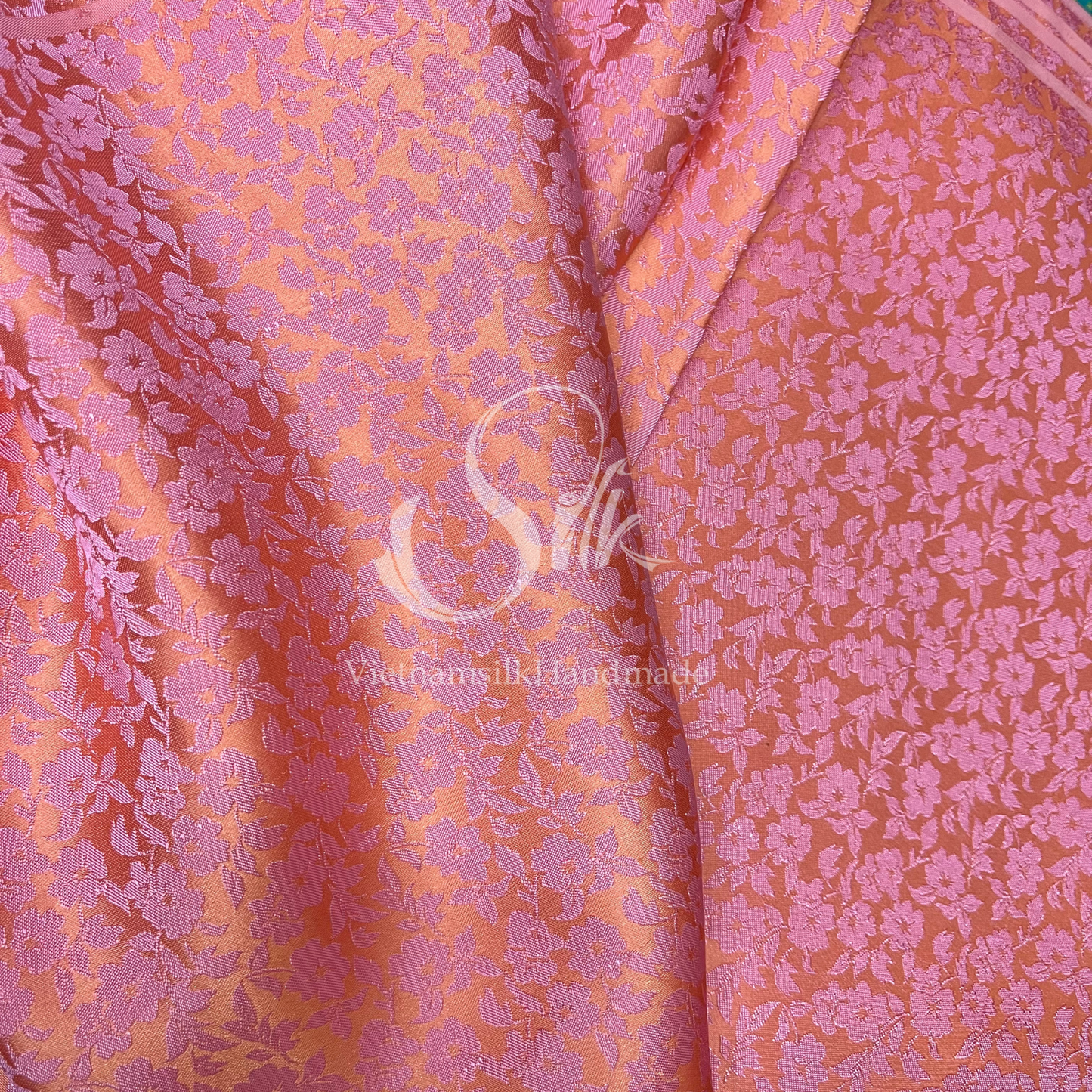 Pink Orange silk with Small Flowers - PURE MULBERRY SILK fabric by the yard - Luxury Silk - Natural silk - Handmade in VietNam- Silk with Design