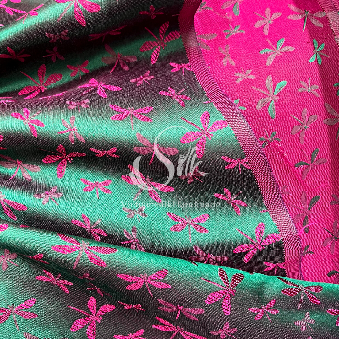 Green silk with Pink Dragonfly patterns - PURE MULBERRY SILK fabric by the yard - Dragonfly silk -Luxury Silk - Natural silk - Handmade in VietNam