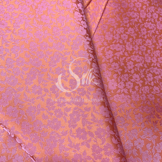 Pink Orange silk with Small Flowers - PURE MULBERRY SILK fabric by the yard - Luxury Silk - Natural silk - Handmade in VietNam- Silk with Design