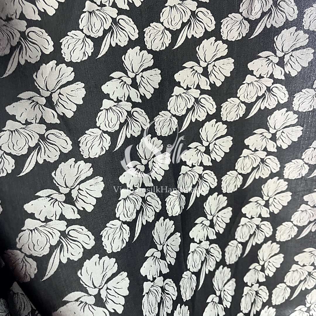 Black Silk with Big Silver Flowers - PURE MULBERRY SILK fabric by the yard -  Floral Silk -Luxury Silk - Natural silk - Handmade in VietNam- Silk with Design