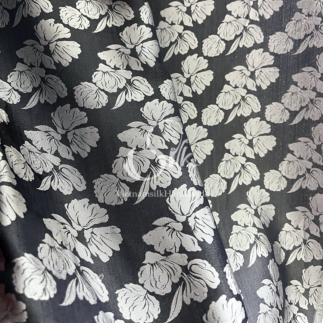 Black Silk with Big Silver Flowers - PURE MULBERRY SILK fabric by the yard -  Floral Silk -Luxury Silk - Natural silk - Handmade in VietNam- Silk with Design