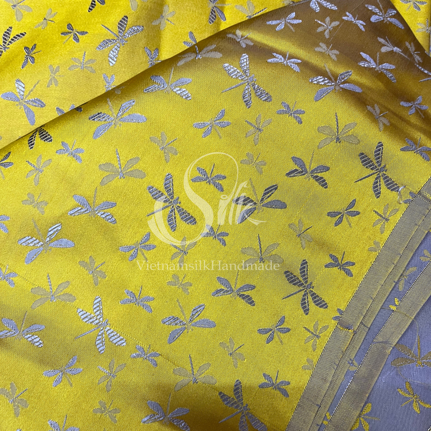 Yellow silk with Dragonfly patterns - PURE MULBERRY SILK fabric by the yard - Dragonfly silk -Luxury Silk - Natural silk - Handmade in VietNam