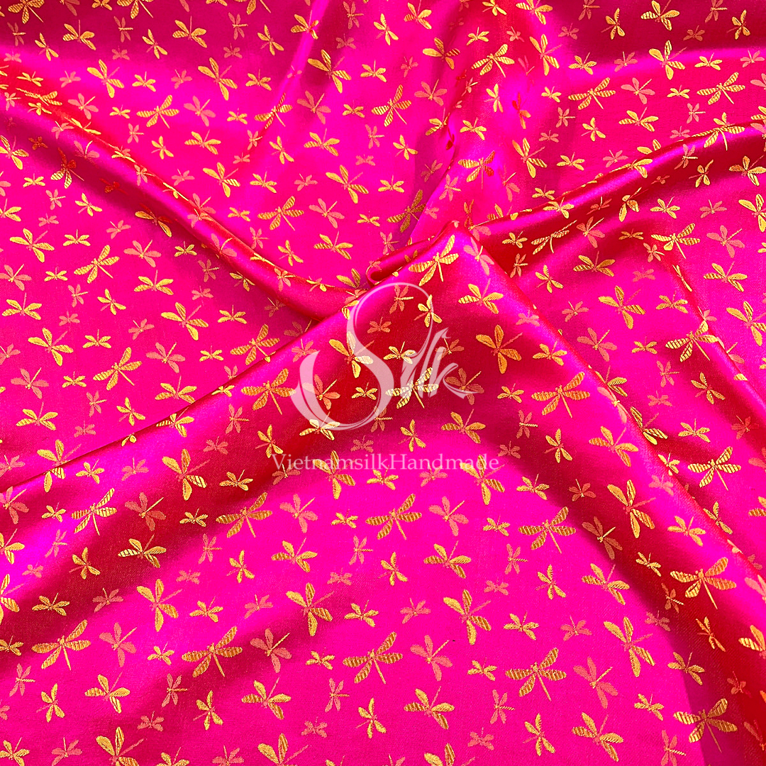 Pink silk with Yellow Dragonfly patterns - PURE MULBERRY SILK fabric by the yard - Gragonfly silk -Luxury Silk - Natural silk - Handmade in VietNam- Silk with Design
