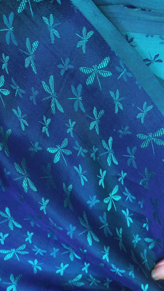 Navy silk with Dragonfly patterns - PURE MULBERRY SILK fabric by the yard - Dragonfly silk -Luxury Silk - Natural silk - Handmade in VietNam