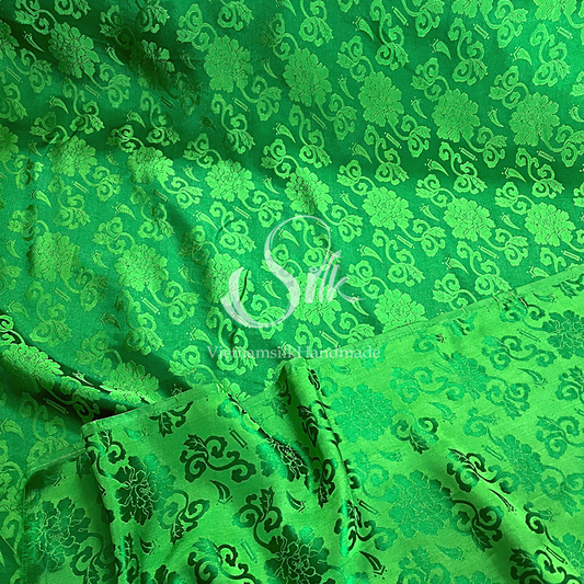 Green Silk with Flowers - PURE MULBERRY SILK fabric by the yard -  Floral Silk -Luxury Silk - Natural silk - Handmade in VietNam- Silk with Design