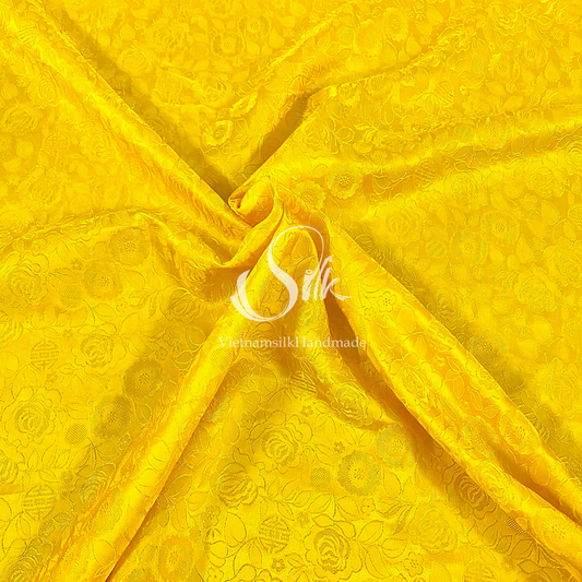 Yellow Silk with Rose Flowers - Rose Pattern - PURE MULBERRY SILK fabric by the yard -  Floral Silk - Rose Silk -Luxury Silk - Natural silk - Handmade in VietNam- Silk with Design