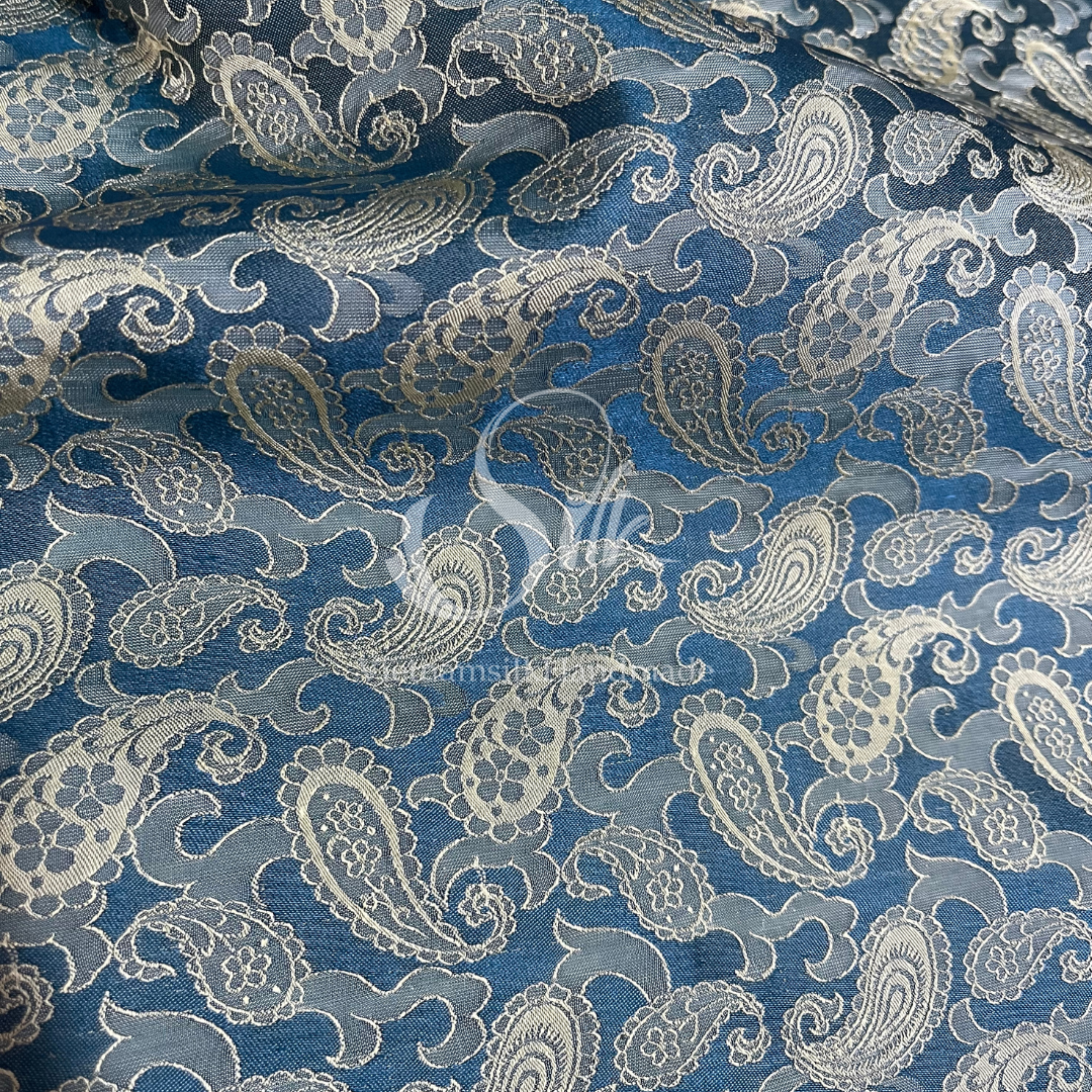 Navy silk with Paisley design - PURE MULBERRY SILK fabric by the yard - Luxury Silk - Natural silk - Handmade in VietNam- Silk with Design
